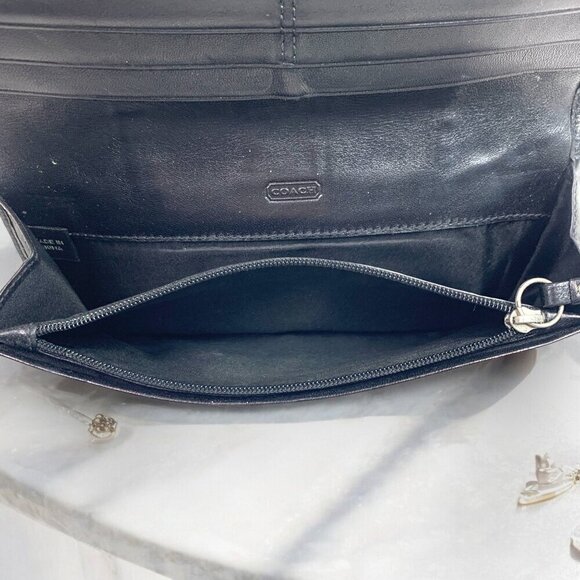 COACH Signature Large Wallet Black Canvas & Leather Beige Snakeskin Stripe - Picture 13 of 14